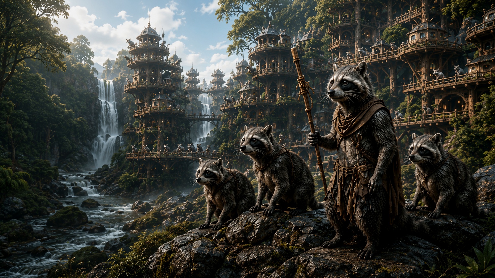 Fully evolved raccoon civilisation in a forest valley